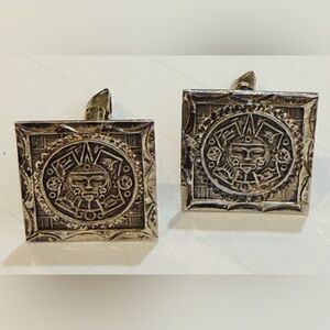 Vintage Sterling Mayan Aztec Calender Cuff Links
